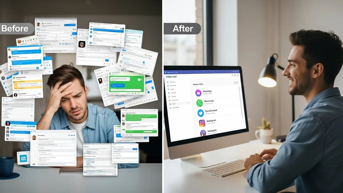 Comparativo antes e depois: Agente frustrado com múltiplas janelas de chat versus agente sorridente com uma única interface unificada (Intercom).