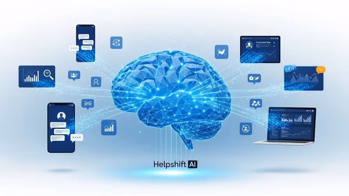 Representação de cérebro IA conectado a dispositivos e dados.