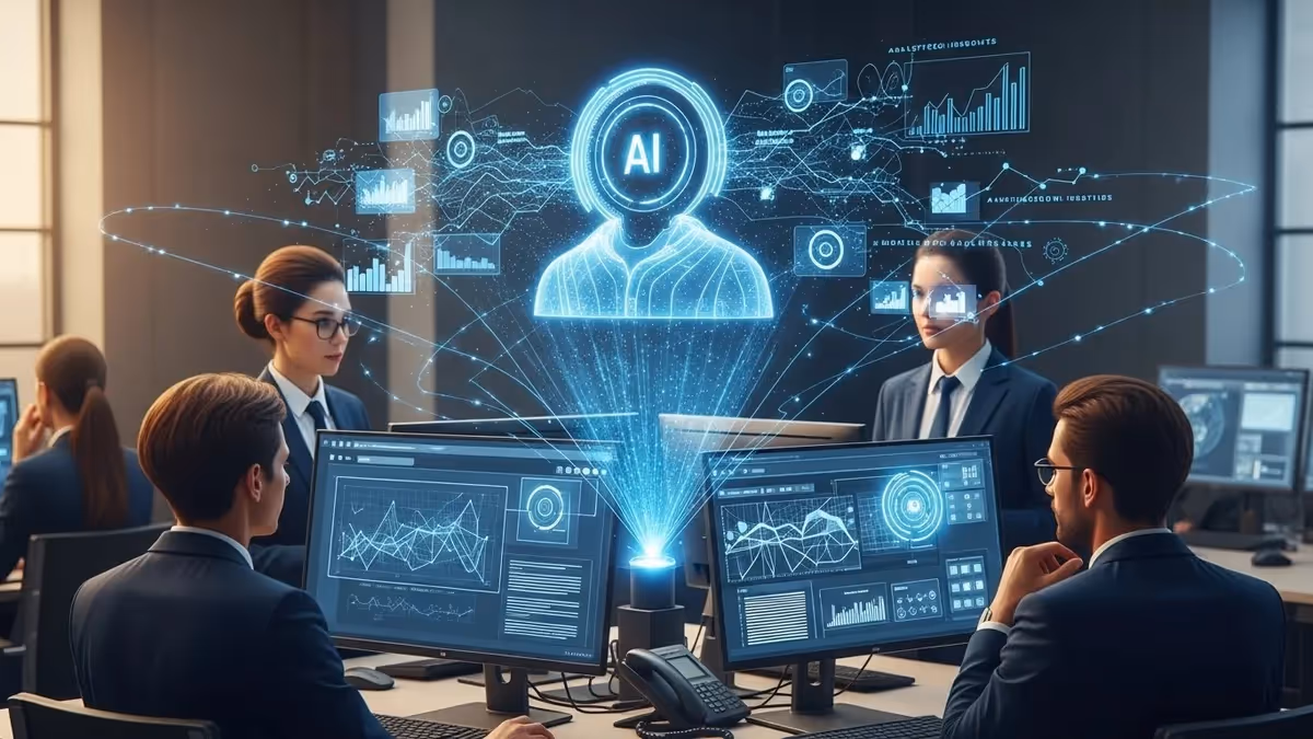 Executivos interagindo com projeção de inteligência artificial.