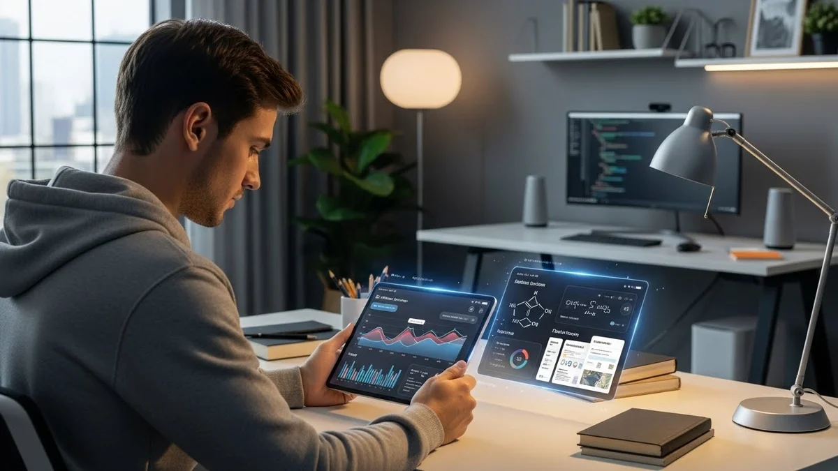 Desenvolvedor analisando gráficos em tablets com telas de IA em um escritório.