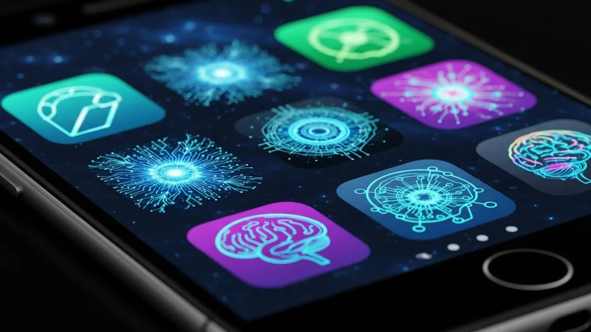 Ícones de aplicativos de inteligência artificial em tela de celular.