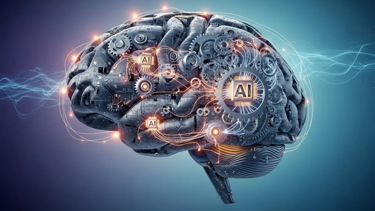 Representação de um cérebro mecânico com engrenagens e chips de IA.