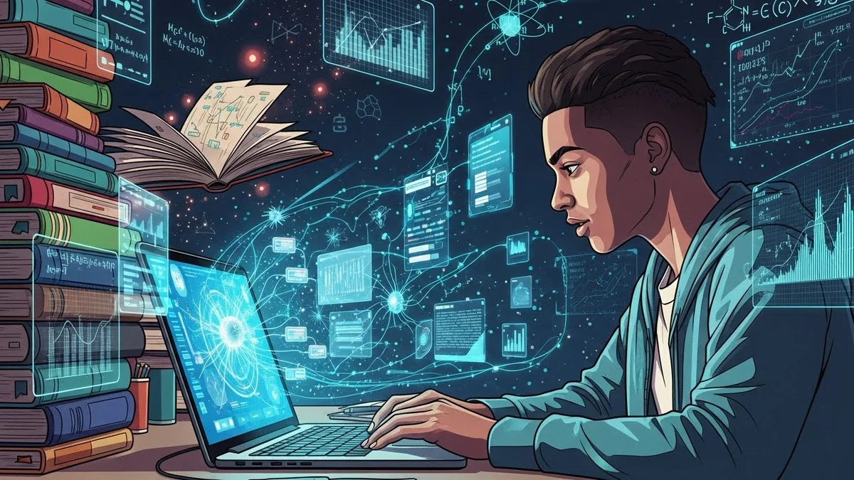 Estudante interage com dados e gráficos em laptop futurista.