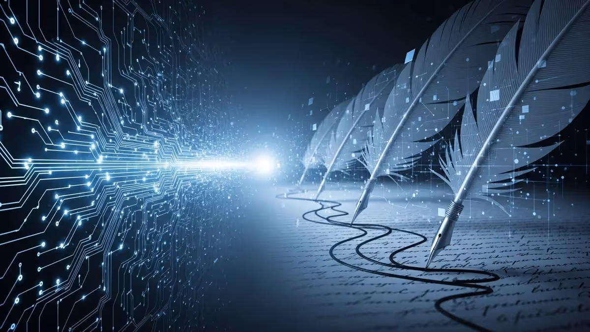 Penas digitais escrevem em texto com circuito eletrônico.