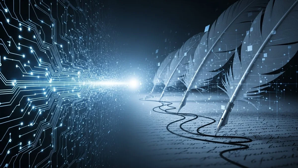 Penas digitais escrevem em texto com circuito eletrônico.