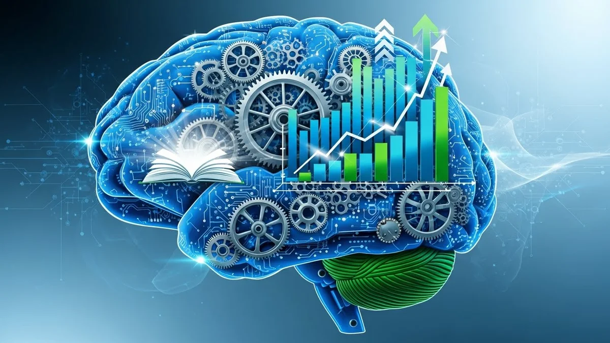 Cérebro digital com engrenagens e gráfico de crescimento financeiro.