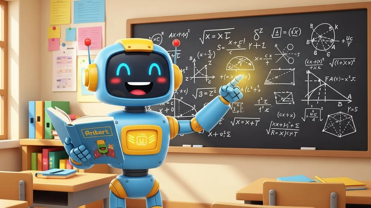 Robô professor feliz ensina matemática em lousa escolar.