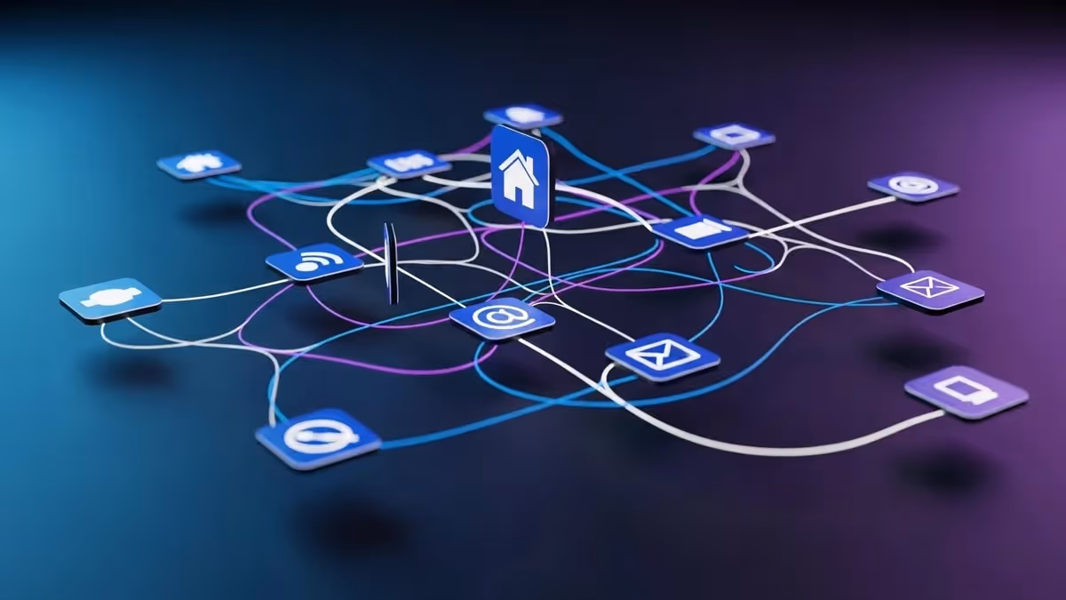 Diagrama de rede de aplicativos e conexões digitais 3D.