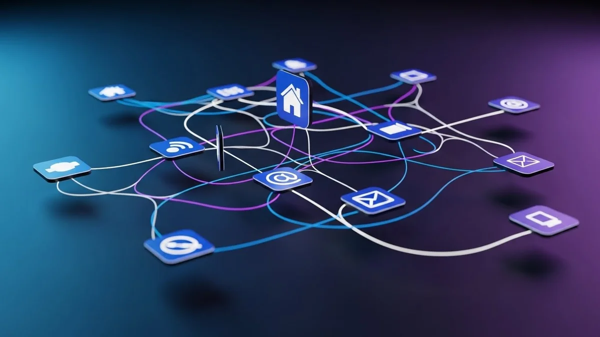 Diagrama de rede de aplicativos e conexões digitais 3D.