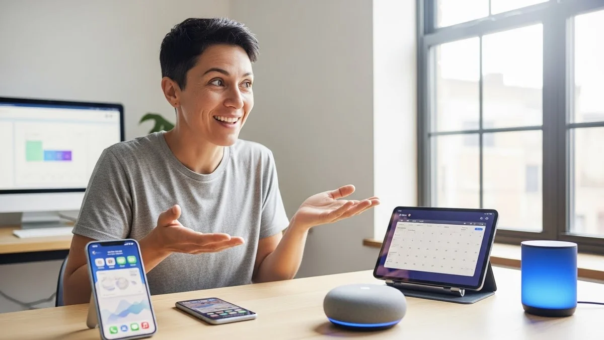 Mulher sorri interagindo com assistentes de voz e tablet.