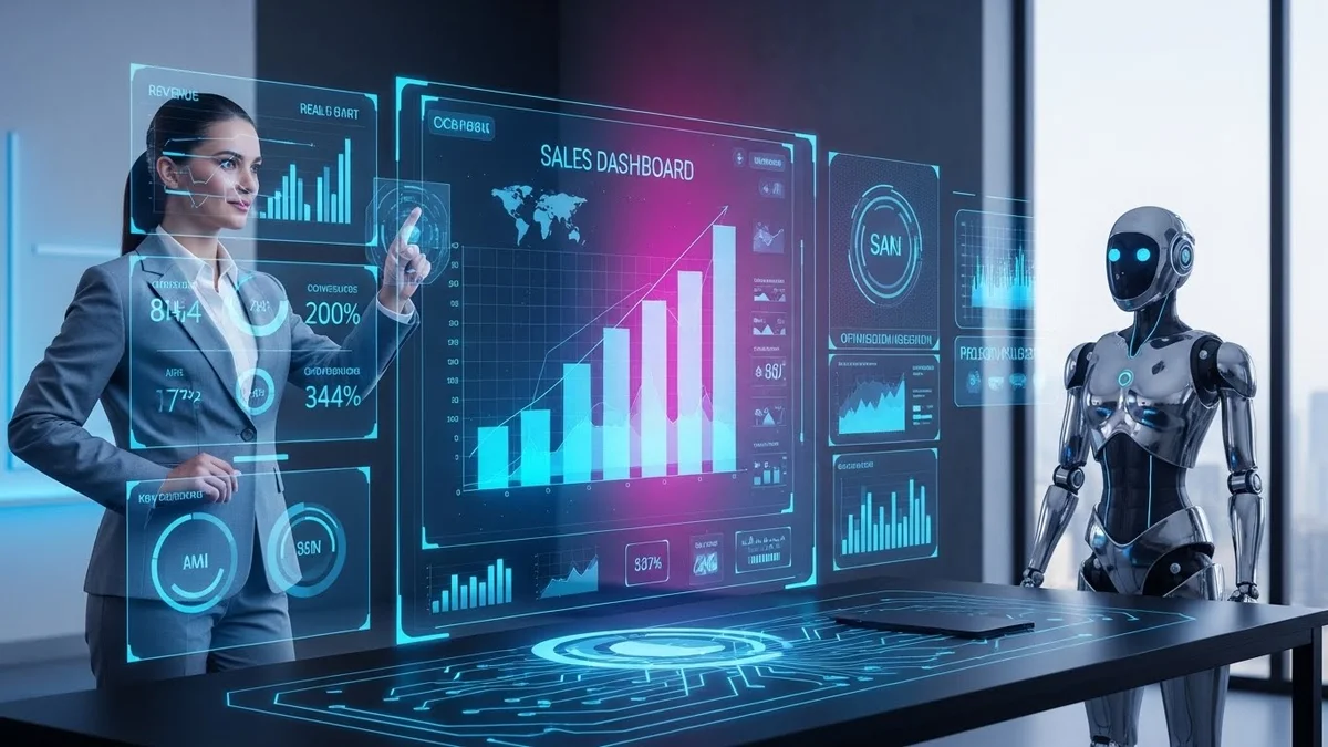 Executiva em reunião interage com dashboard de vendas futurista.
