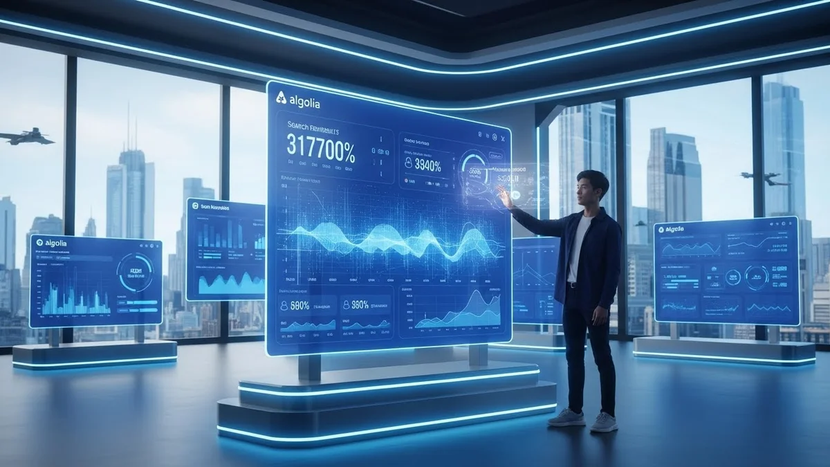 Homem interage com dashboard futurista de análise de dados.