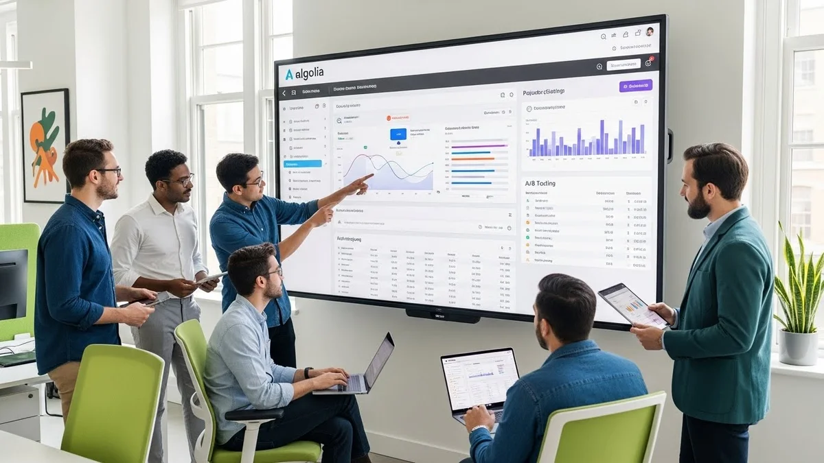 Equipe de negócios analisa gráficos em tela grande na reunião.