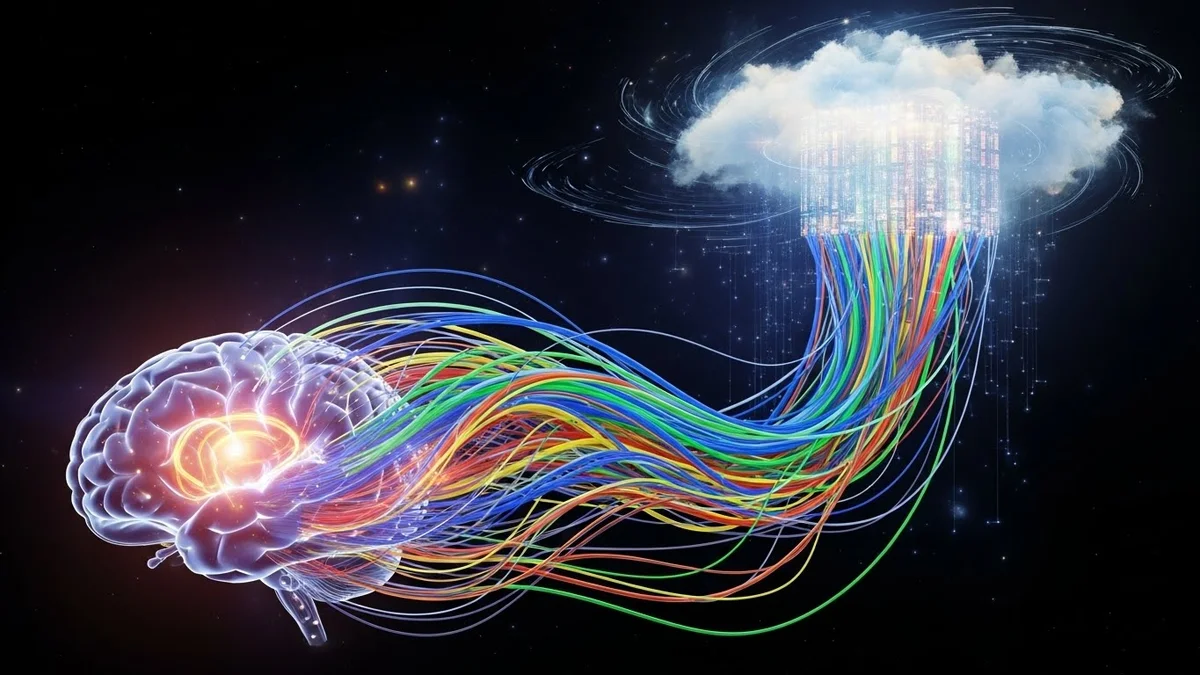 Cérebro conectado a nuvem por cabos coloridos, IA e computação