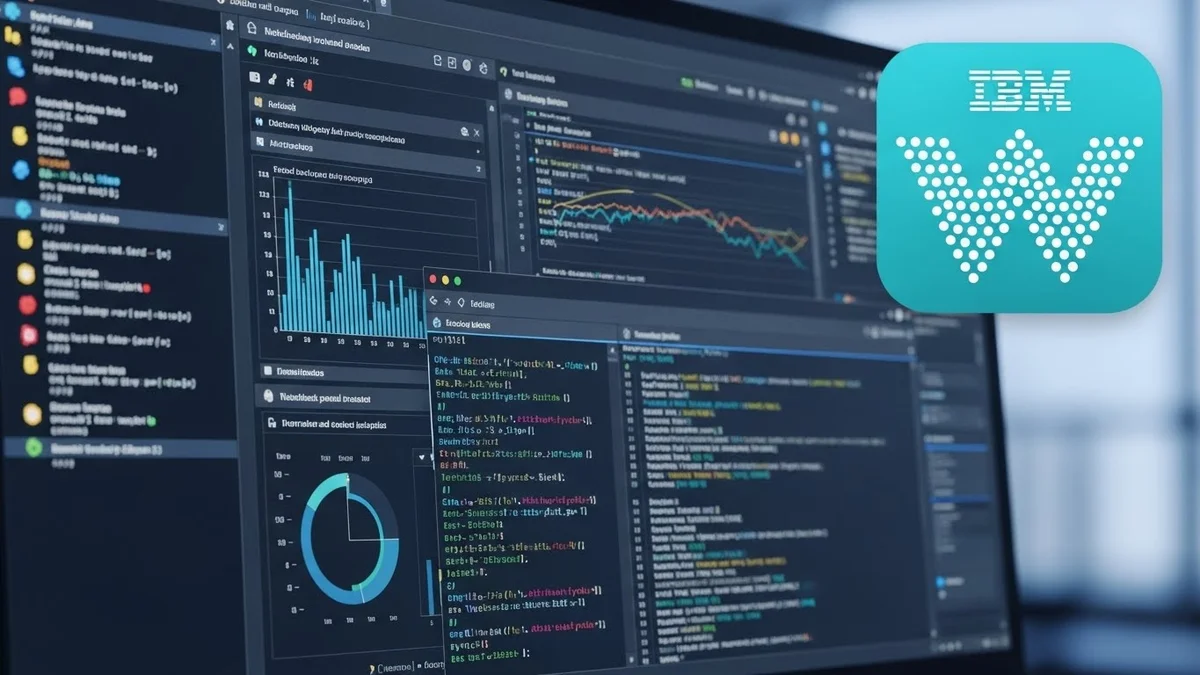 Tela de código e gráficos com logo IBM Watson em destaque