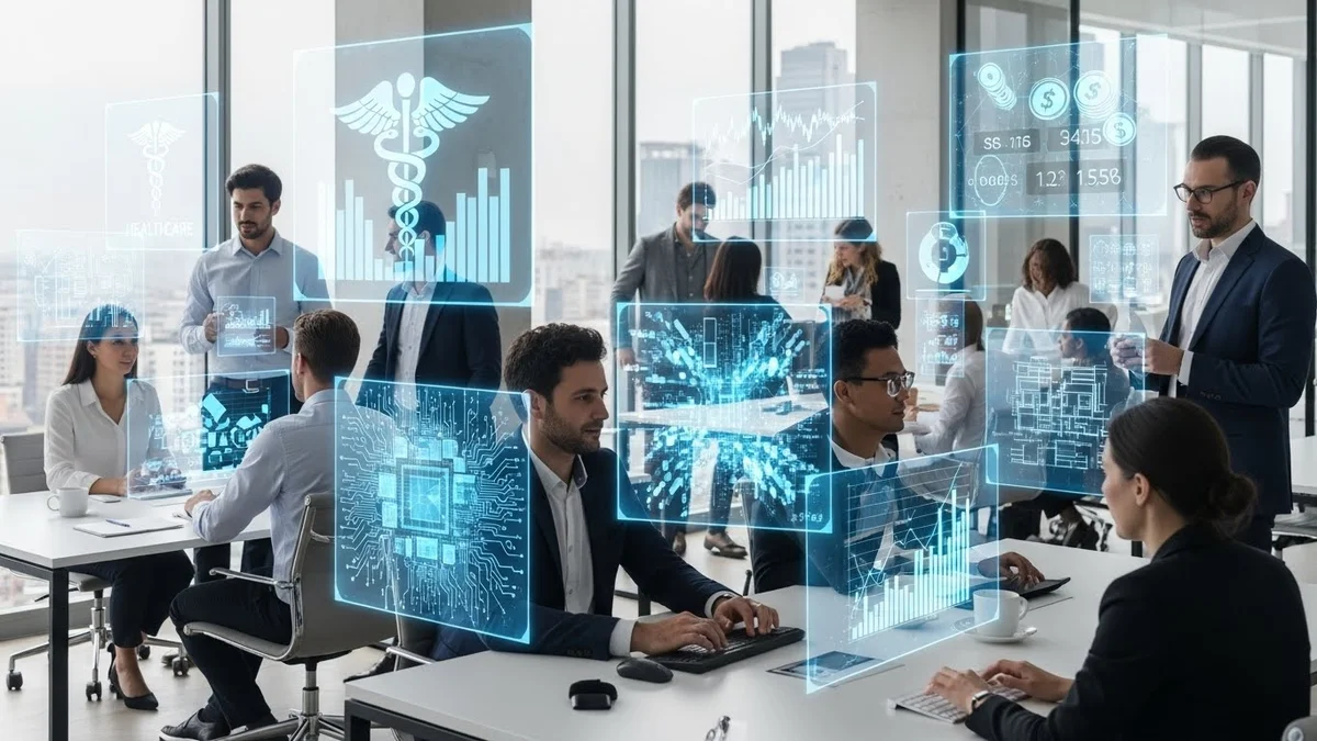 Profissionais em reunião com dados holográficos e ícone saúde