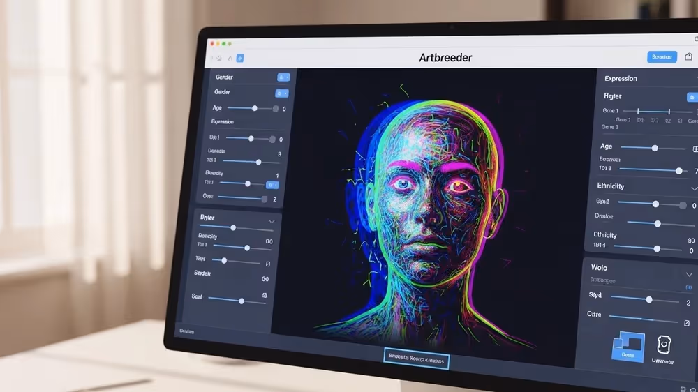 Tela de software Artbreeder com rosto estilizado RGB e controles deslizantes para ajustar Gênero, Idade e Etnia.