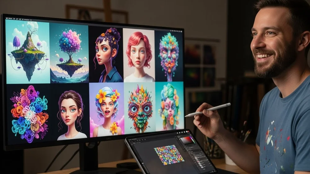 Artista sorridente criando arte digital com tablet, exibindo grade de 8 imagens conceituais coloridas no monitor.