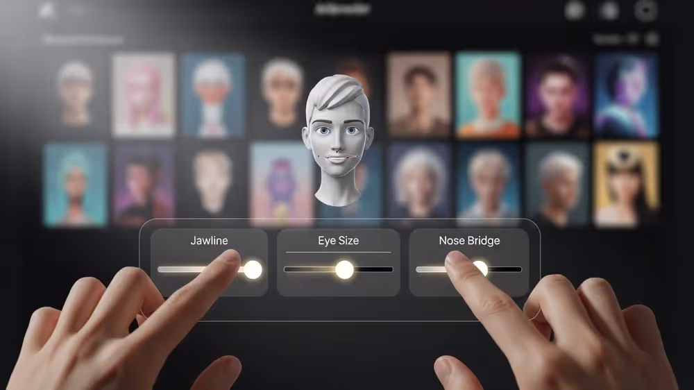 Mãos interagindo com controles deslizantes Jawline, Eye Size e Nose Bridge para customizar avatar 3D branco.