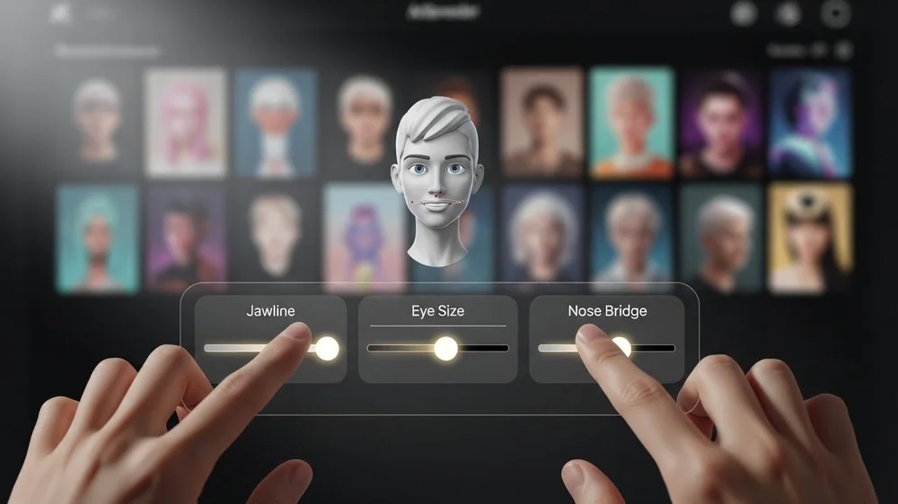 Mãos interagindo com controles deslizantes Jawline, Eye Size e Nose Bridge para customizar avatar 3D branco.