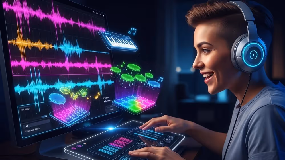 Jovem produtor(a) sorridente com fones, mixando áudio em DAW com formas de onda coloridas e instrumentos virtuais.