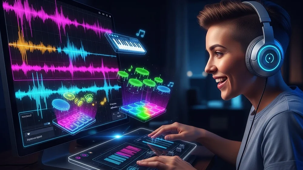 Jovem produtor(a) sorridente com fones, mixando áudio em DAW com formas de onda coloridas e instrumentos virtuais.