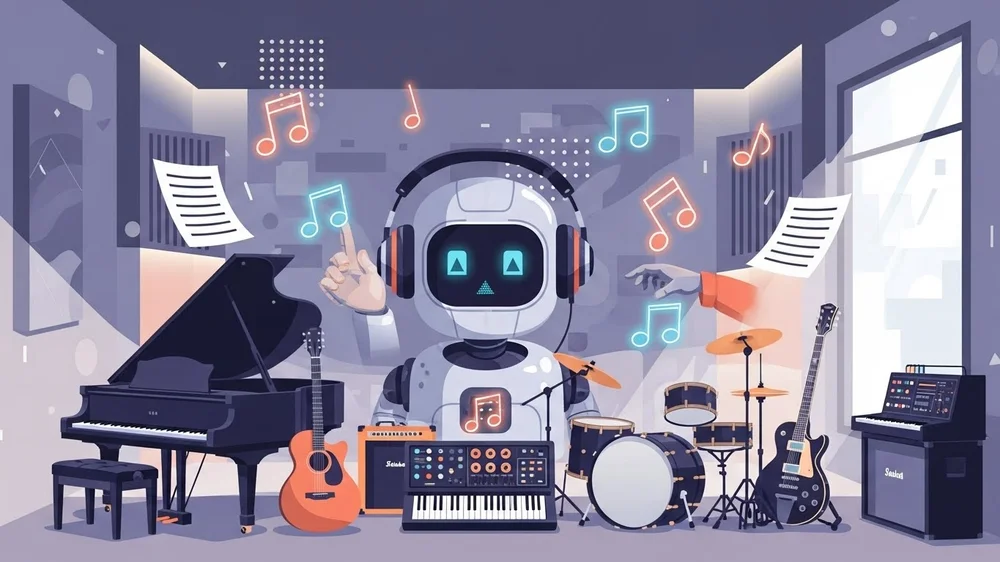Ilustração de robô com fones e notas musicais, rodeado por piano, guitarra e bateria em estúdio.