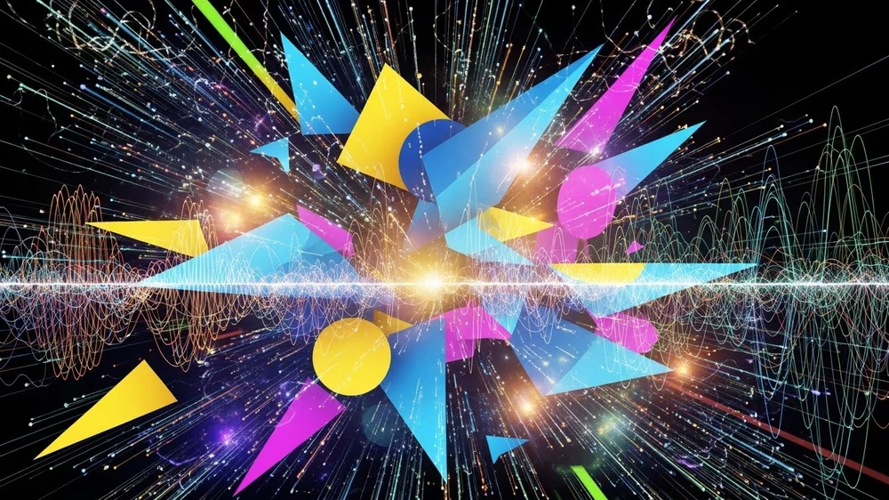 Visualização abstrata e explosiva de som com triângulos, círculos coloridos e linhas de energia em fundo preto.