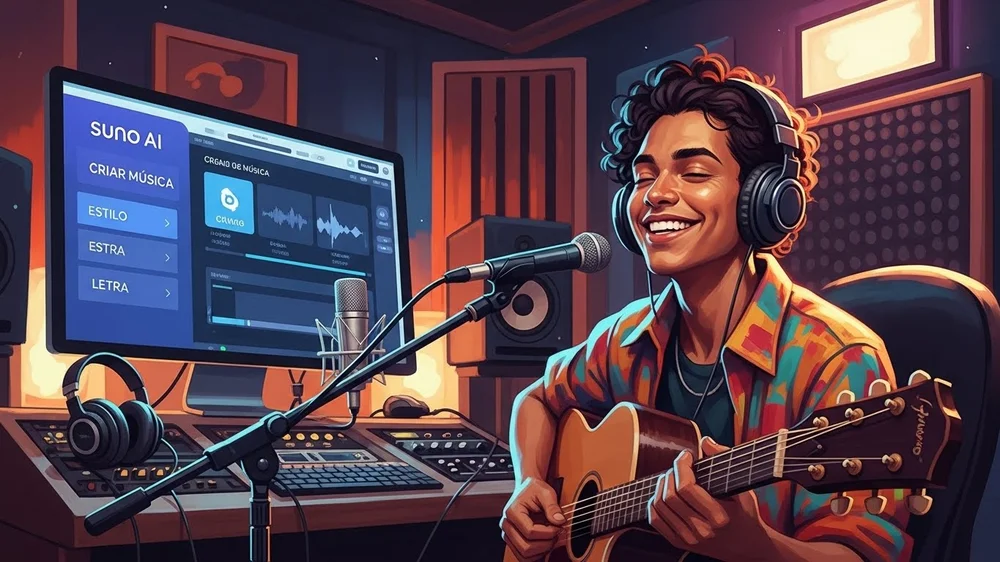 Músico sorridente com violão em estúdio e microfone, interface do Suno AI na tela do computador.