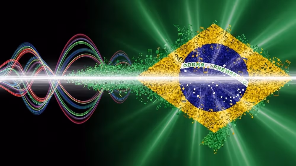Bandeira do Brasil composta por notas musicais, com ondas sonoras coloridas e luminosas.