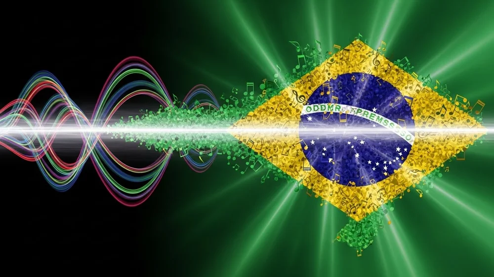 Bandeira do Brasil composta por notas musicais, com ondas sonoras coloridas e luminosas.