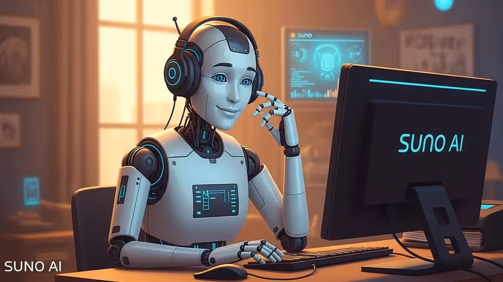 Robô humanóide sorridente com fones, digitando no teclado, tela exibe logotipo Suno AI.