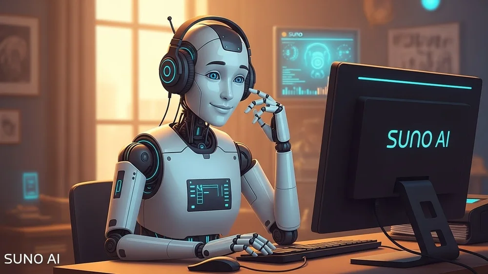 Robô humanóide sorridente com fones, digitando no teclado, tela exibe logotipo Suno AI.