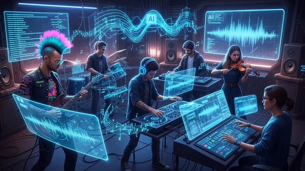 Banda tocando música eletrônica em estúdio com interfaces holográficas de IA.