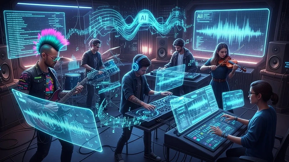 Banda tocando música eletrônica em estúdio com interfaces holográficas de IA.