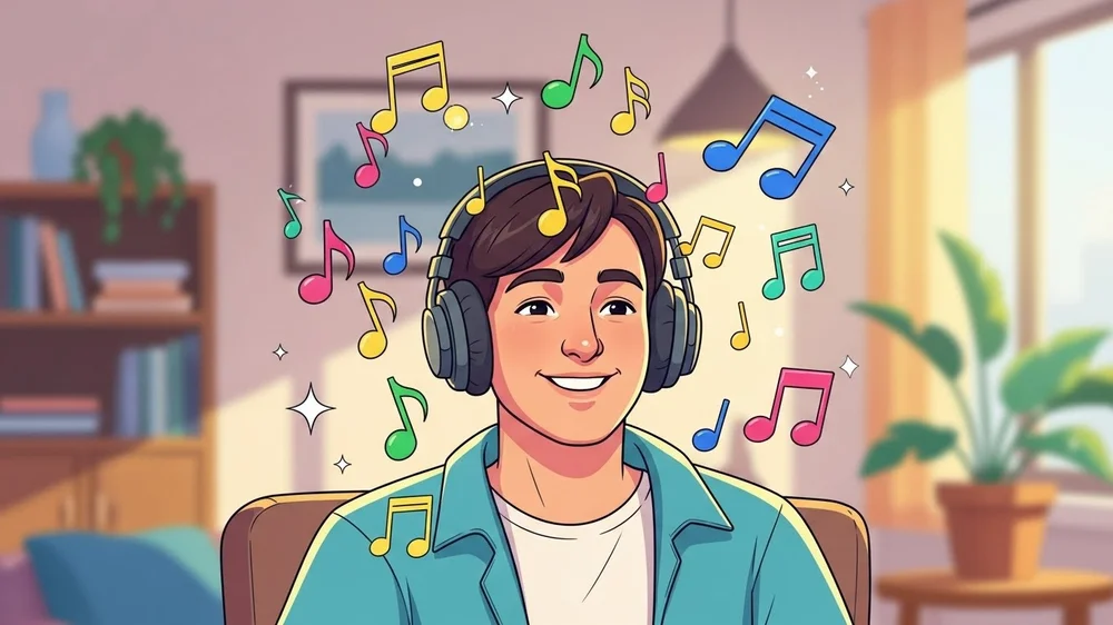 Jovem sorridente usando fones de ouvido com notas musicais flutuantes.