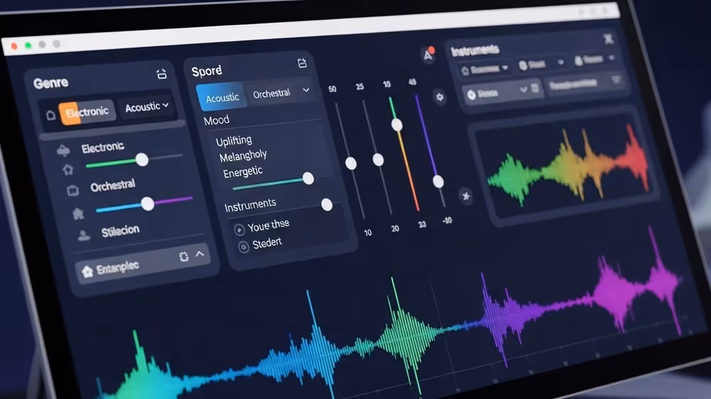 Close-up de software de produção musical com controles de gênero e humor.
