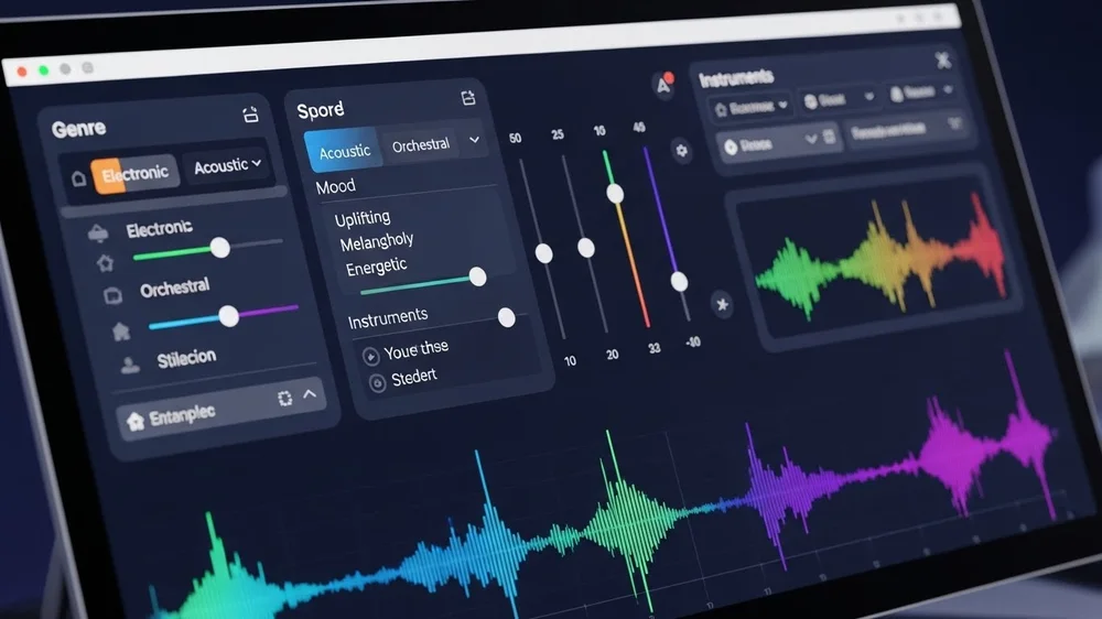 Close-up de software de produção musical com controles de gênero e humor.