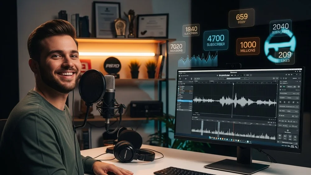 Criador de conteúdo sorrindo em estúdio com estatísticas flutuantes.