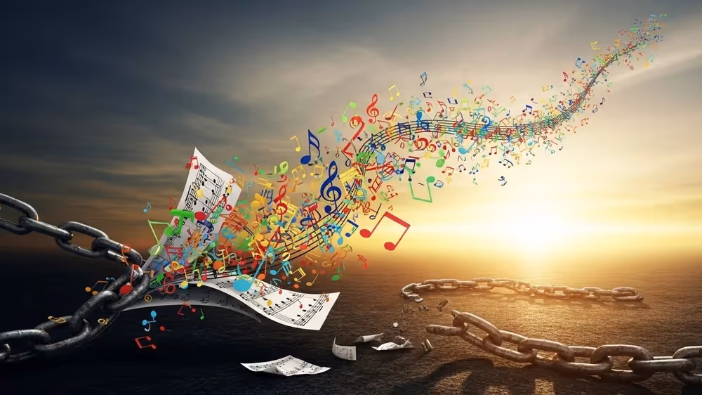Música colorida decolando de partitura e correntes quebradas.