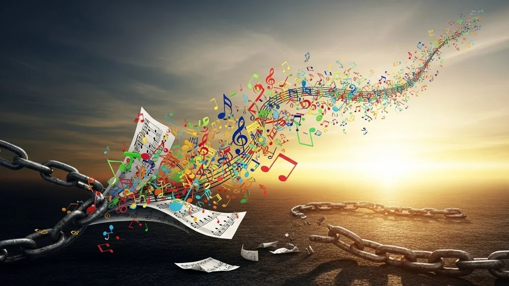 Música colorida decolando de partitura e correntes quebradas.