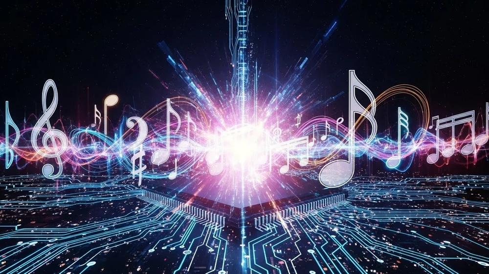 Notas musicais digitais brilhando sobre um chip de computador.