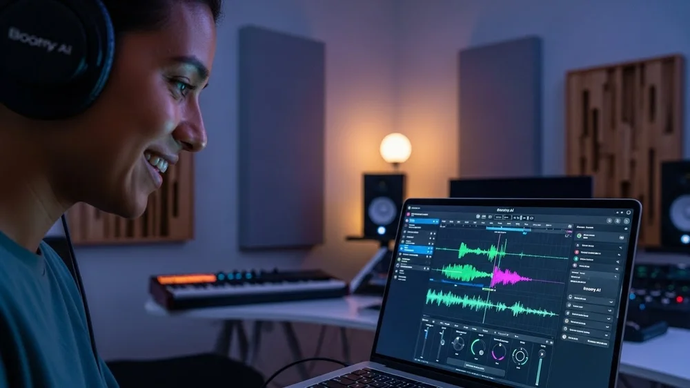 Pessoa com fones de ouvido sorrindo, criando música em laptop.