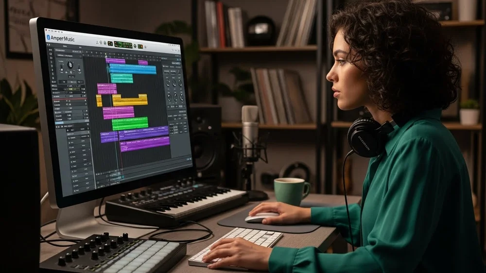 Mulher concentrada produzindo música em computador com DAW.