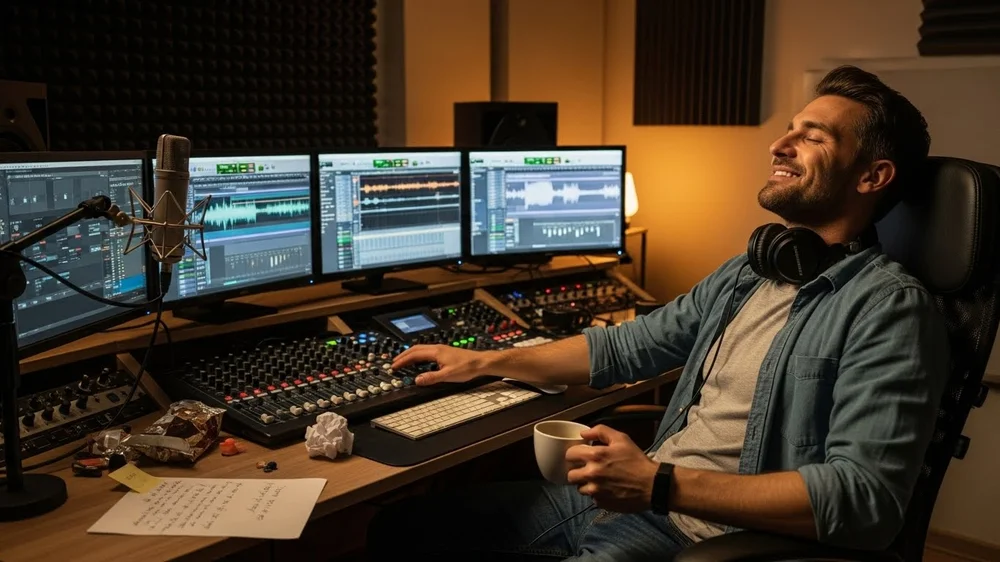 Produtor musical relaxado em estúdio com mixer e 3 monitores.