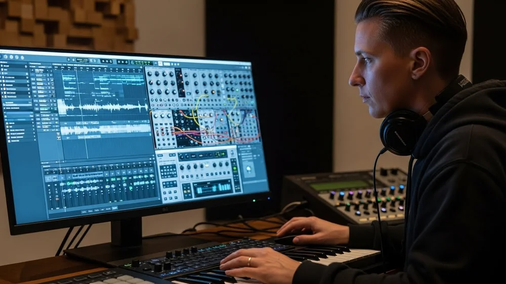 Produtor musical sério trabalhando com sintetizador modular.