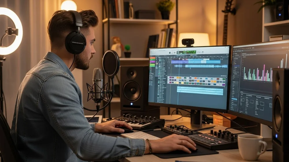 Produtor musical em estúdio com fones, DAW e microfone