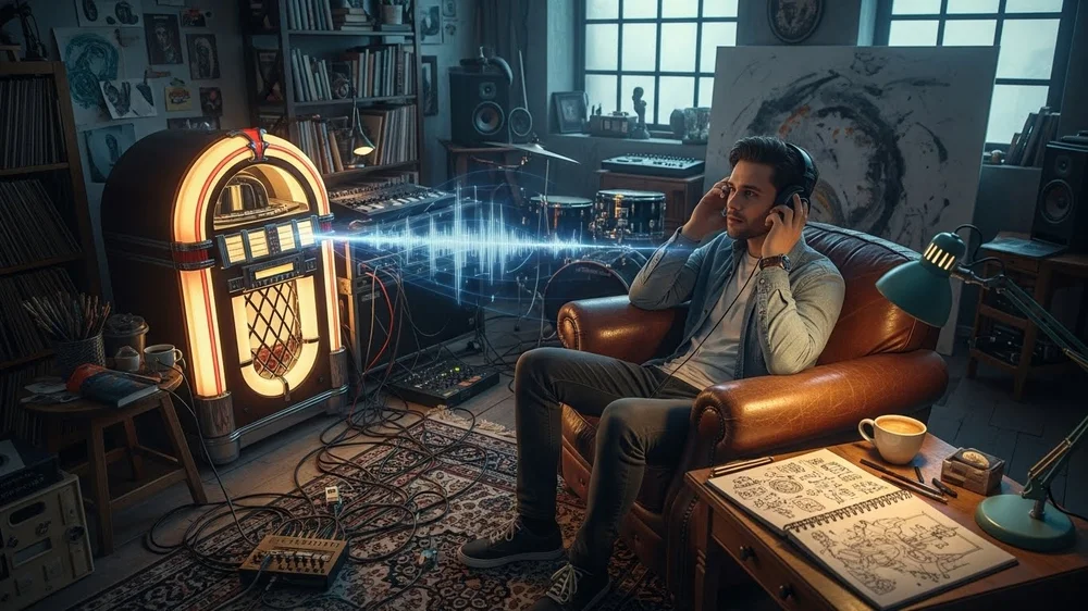 Homem com fones de ouvido ouvindo música em ambiente vintage