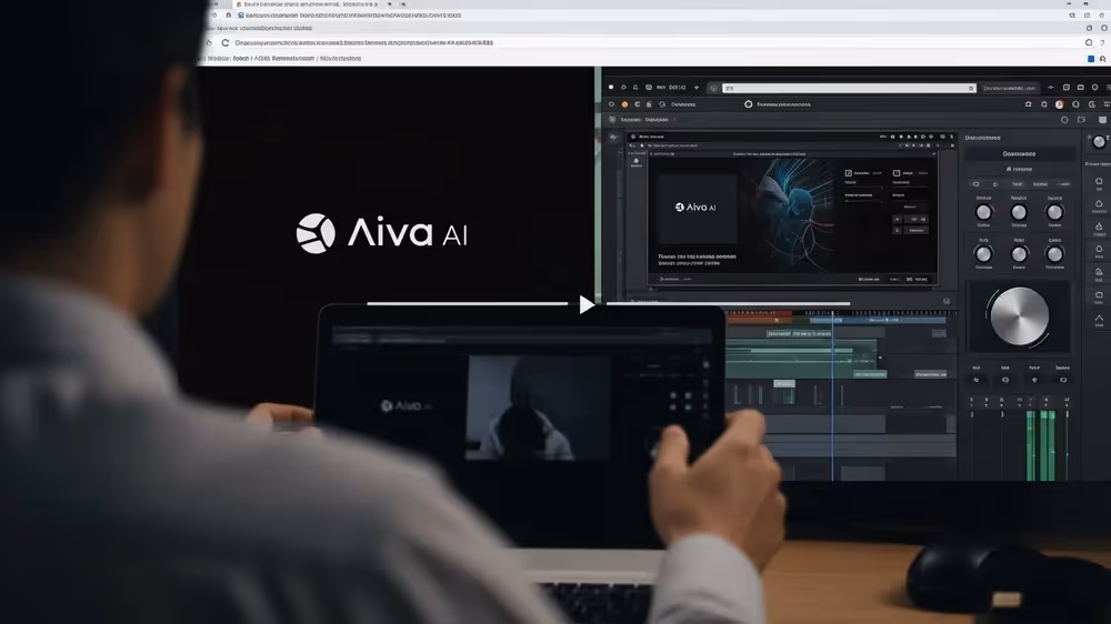 Homem usando IA Aiva para produzir música em ambiente escuro