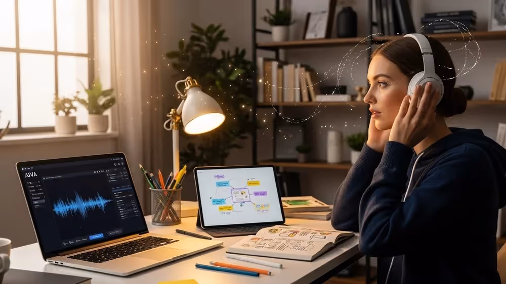 Mulher ouvindo música AI com fones, em mesa de trabalho com tablet